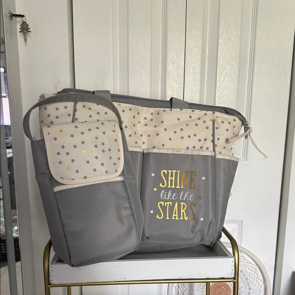Gray and Cream Star Print Tote Bag Set